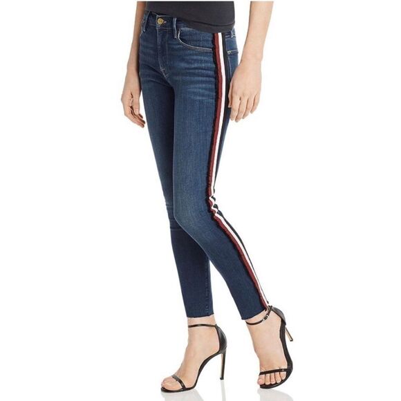 Frame Le High Skinny Multi Tape Stripe Skinny Jeans Raw Hem Dark Wash Size 24 - Picture 1 of 13